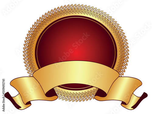 Vector round red and golden gradient frame with golden ribbon on transparent background