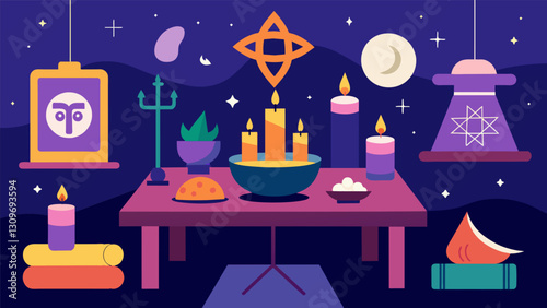 In the corner of the room a table is adorned with various religious symbols and candles creating a peaceful atmosphere for the group to work in.. Vector illustration