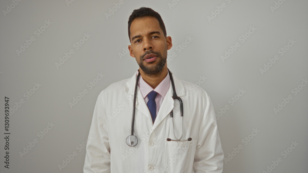 Handsome hispanic male doctor stands confidently with stethoscope isolated against white wall background portraying professionalism and trust in medical field. Handsome hispanic male doctor stands confidently with stethoscope isolated against white wall background portraying professionalism and trust in medical field.