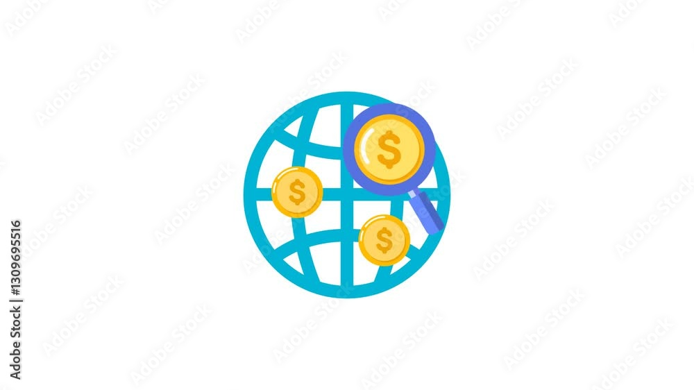 Profit opportunities vector icon animation on transparent background. Worldwide commerce animated icon. Moving magnifier and scaling coins. HD loop motion graphic with alpha channel. Profit opportunities vector icon animation on transparent background. Worldwide commerce animated icon. Moving magnifier and scaling coins. HD loop motion graphic with alpha channel.