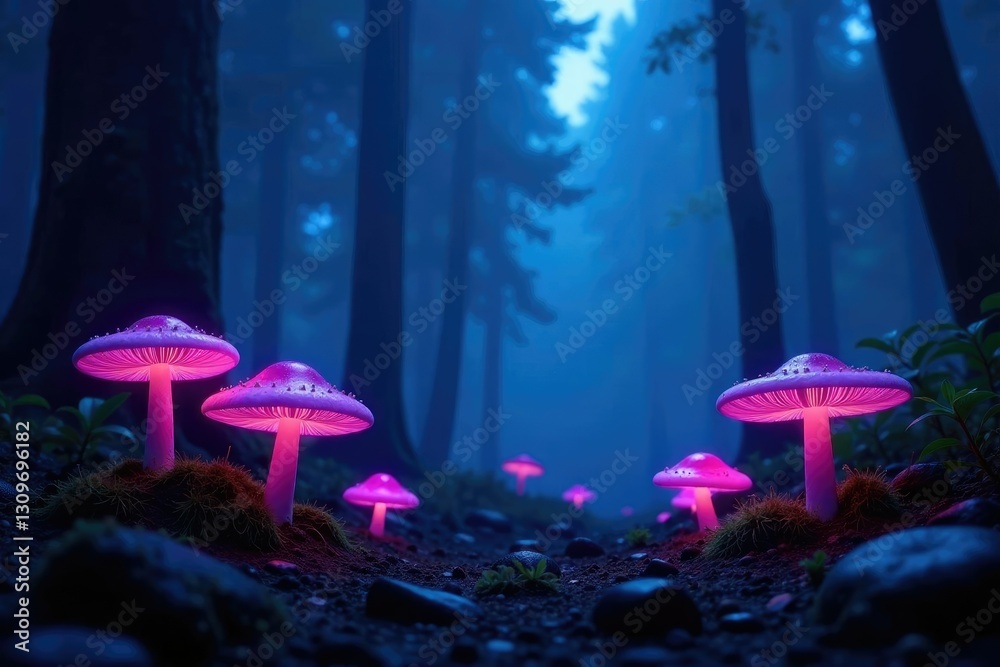 Fototapeta premium Dark, misty forest with glowing purple-blue fungi, misty, mystical, soft light