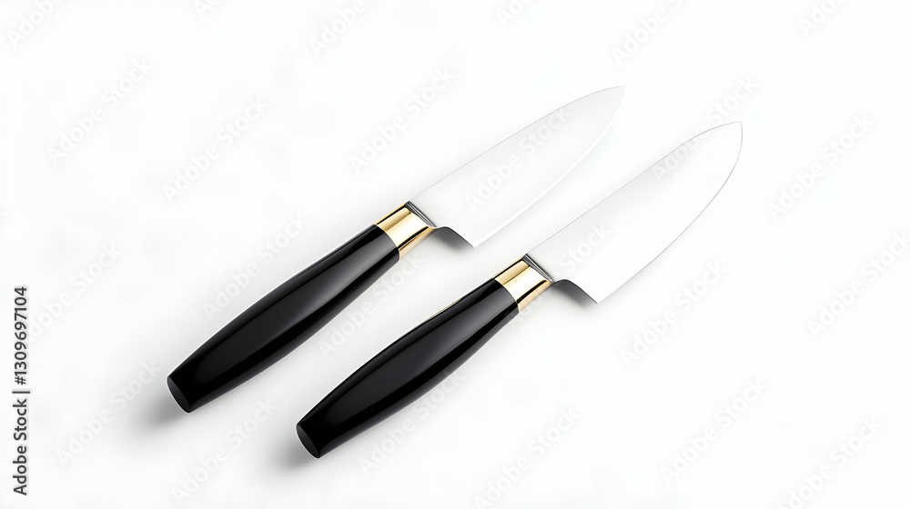 Modern Stainless Steel Knife Set with Black Handles and Gold Accents Modern Stainless Steel Knife Set with Black Handles and Gold Accents