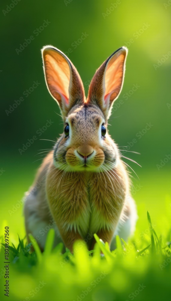 Fototapeta premium Alert bunny rabbit in lush green grass, ears perked , summer, easter bunny