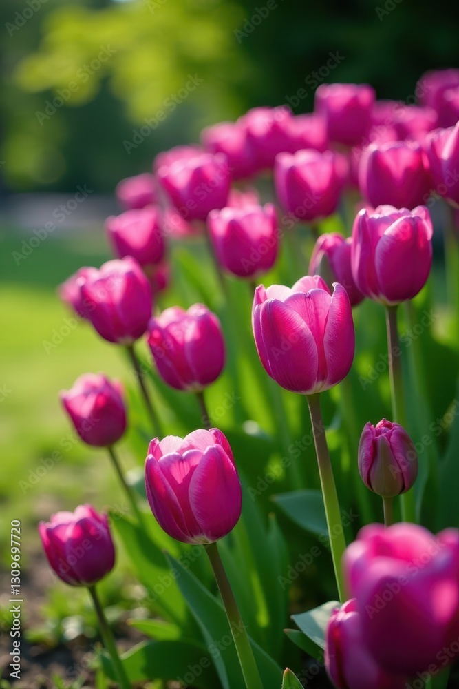 A profusion of purple tulips and verdant foliage in a spring garden , beautiful, tulip A profusion of purple tulips and verdant foliage in a spring garden , beautiful, tulip