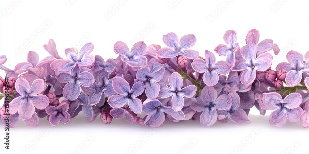 A cluster of fresh lilac flowers in soft purple tones, isolated on white background A cluster of fresh lilac flowers in soft purple tones, isolated on white background