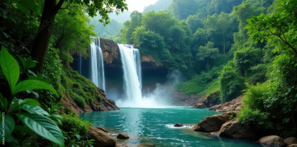 Fototapeta premium Cascading Huay Mae Khamin waterfall, lush green rainforest , cool, rocks