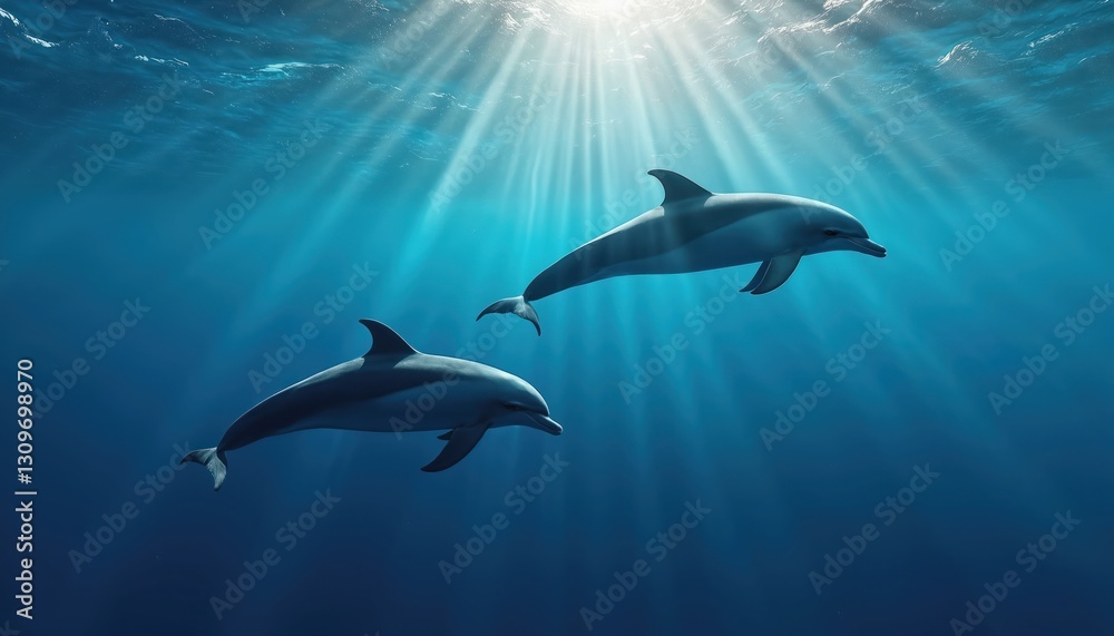 Fototapeta premium Two dolphins swim in deep blue sea under sunlight. Marine wildlife underwater scene with playful mammals. Graceful dolphins navigate, communicate, move in harmony, explore ocean depth, embody freedom.