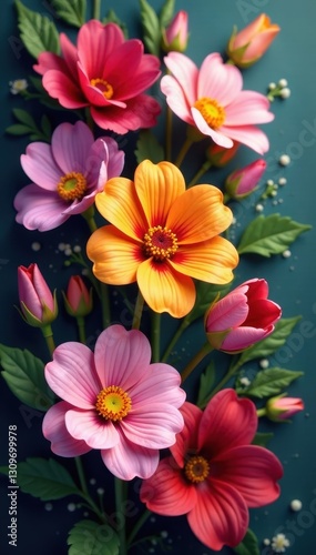 Colorful mixed flower arrangement, vivid hues, full bloom, texture, nature
