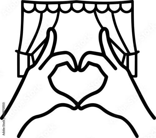 Music Festival Attendees concept Hands forming a heart shape in front of curtains.