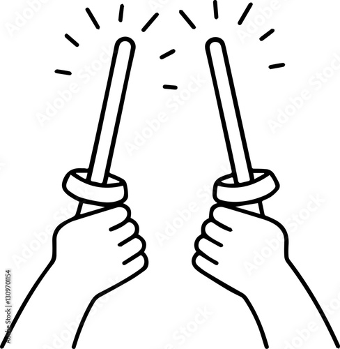 Music Festival Attendees concept Hands holding light sticks with sparks, celebrating or cheering.