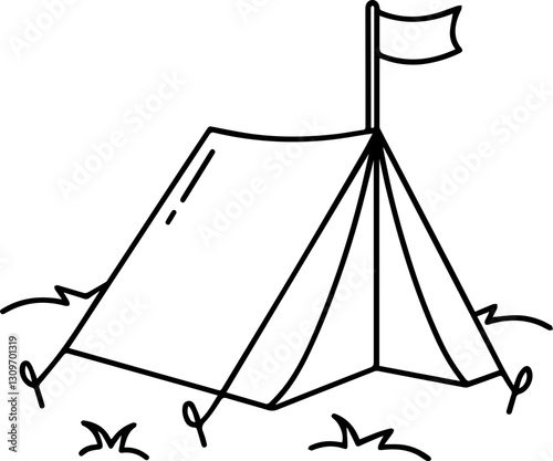 Music Festival Attendees concept Camping tent with a flag in a grassy area.