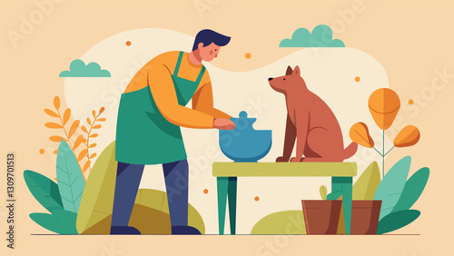 In a pottery workshop a veteran carefully molds clay into the shape of an animal using the process as a way to cope with trauma and connect with. Vector illustration