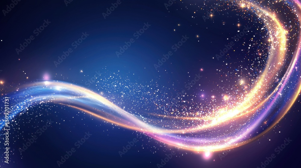Dynamic abstract light trail with colorful sparkling star particles in motion