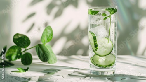 Wallpaper Mural Refreshing Cucumber-Infused Sparkling Water in a Tall Glass with Ice – Minimalist Luxury Beverage Aesthetic. Selective Focus Torontodigital.ca