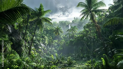 Lush tropical forest caught in a rainstorm with vibrant greenery and distant waterfall under cloudy skies