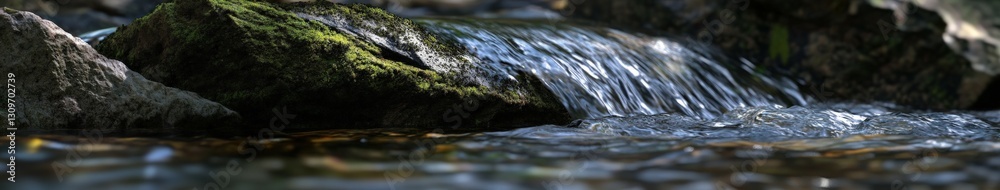 Calm river water flows over moss-covered rocks in nature Calm river water flows over moss-covered rocks in nature