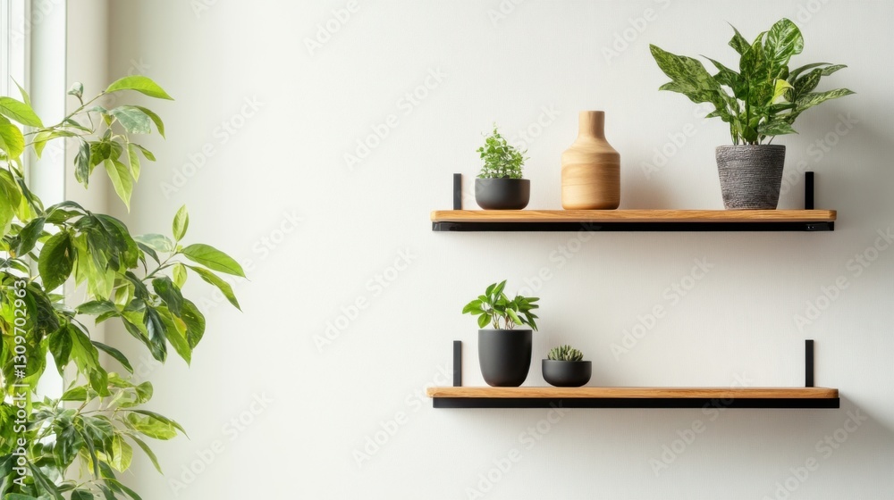 Fototapeta premium Two simple wooden shelves with potted plants, a vase, and succulents against a white wall.
