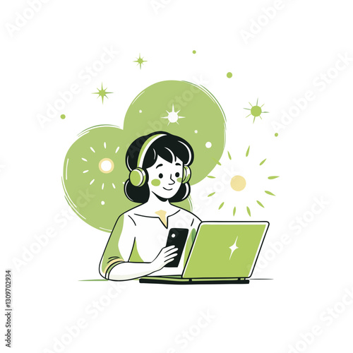 Vector stylized illustration of a woman multitasking with a smartphone and laptop while wearing headphones. Modern, productive, and connected design.