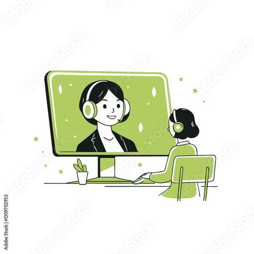 Vector stylized illustration of a woman participating in a virtual meeting on a large screen while wearing headphones. Modern, professional, and digital design.