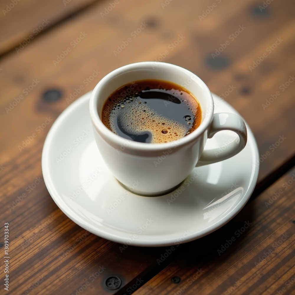 Fototapeta premium Espresso in small cup, dark coffee stain on saucer, saucer, image, caffeine
