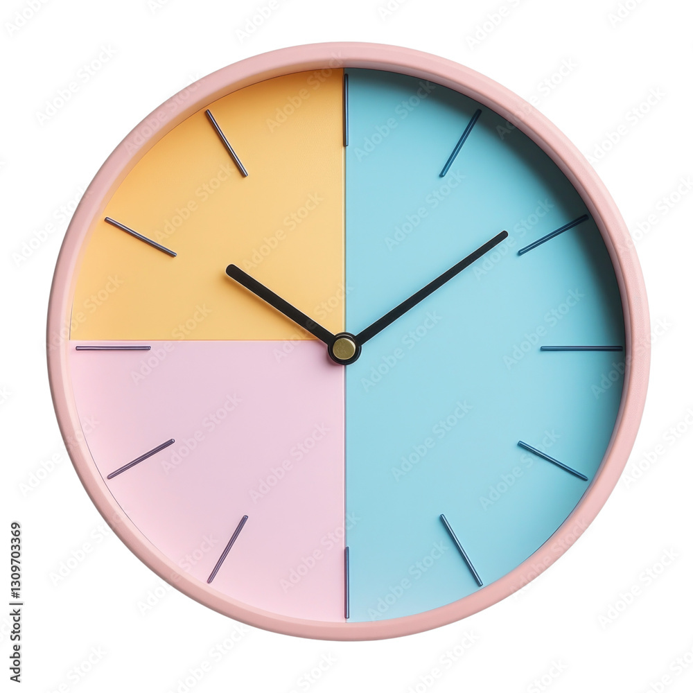 Colorful round wall clock with pastel quadrants isolated on transparent background, PNG Colorful round wall clock with pastel quadrants isolated on transparent background, PNG