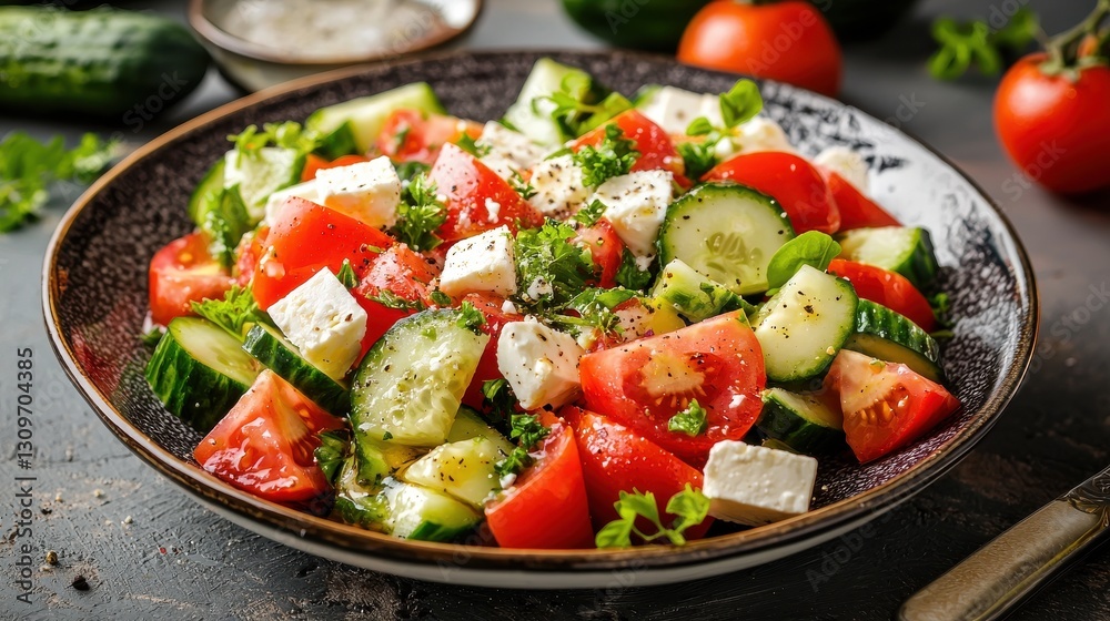 Fresh vegetable salad with tomatoes, cucumbers, and feta cheese. Greek salad variation, ideal for healthy eating content, food blogs, and Mediterranean cuisine promotions . Fresh vegetable salad with tomatoes, cucumbers, and feta cheese. Greek salad variation, ideal for healthy eating content, food blogs, and Mediterranean cuisine promotions .