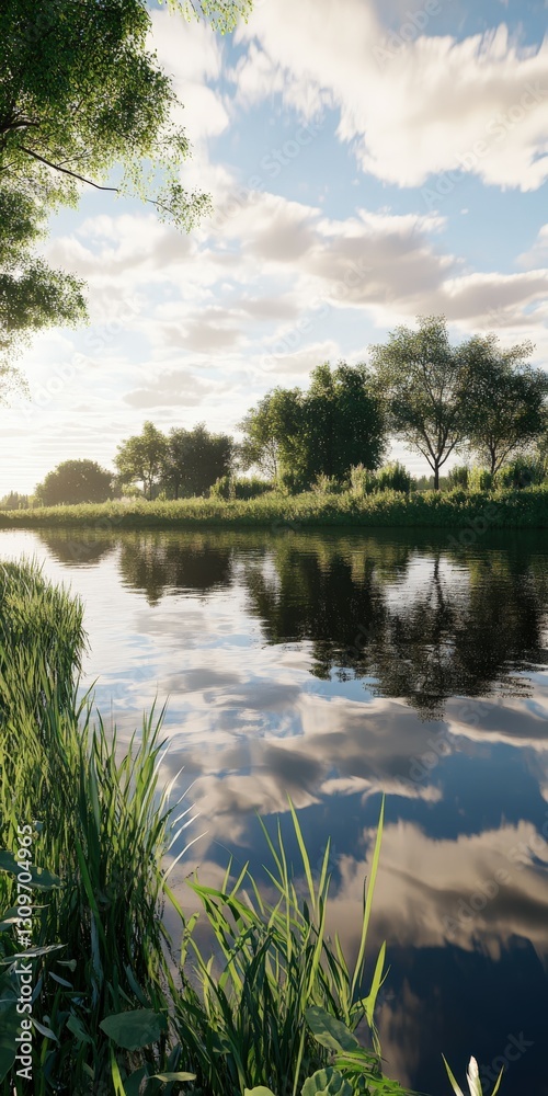 Obraz premium Calm river reflecting a picturesque sky with lush greenery