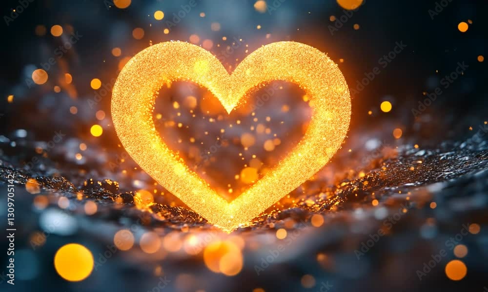 Glowing heart shape surrounded by shimmering particles in a dark, enchanting atmosphere Glowing heart shape surrounded by shimmering particles in a dark, enchanting atmosphere