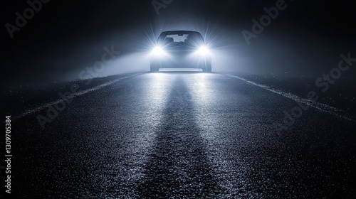 A dark urban road with a single car driving in the distance, headlights illuminating the misty night air.