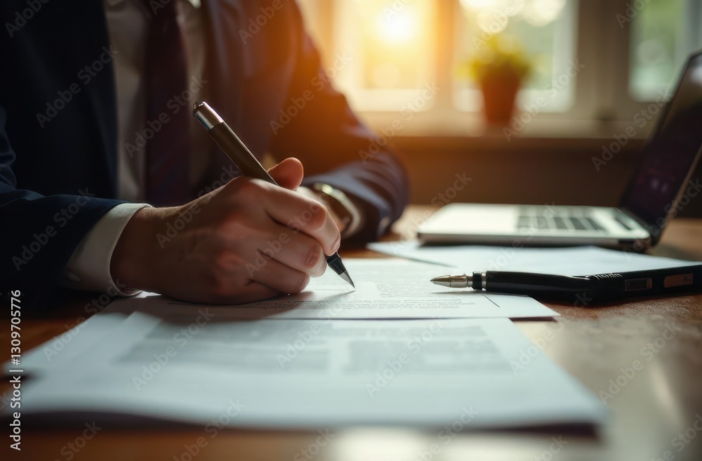 Professional working in a modern office setting with documents and laptop Professional working in a modern office setting with documents and laptop