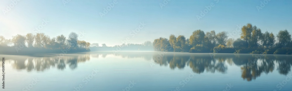 Obraz premium Tranquil river landscape with reflections under morning light