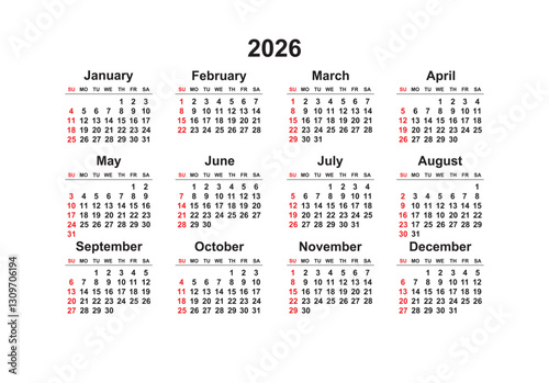2026 Sunday Start Horizontal Black and White Red Calendar Template, Simple layout of pocket or wall calendars. Yearly Stationery organizer in minimal design