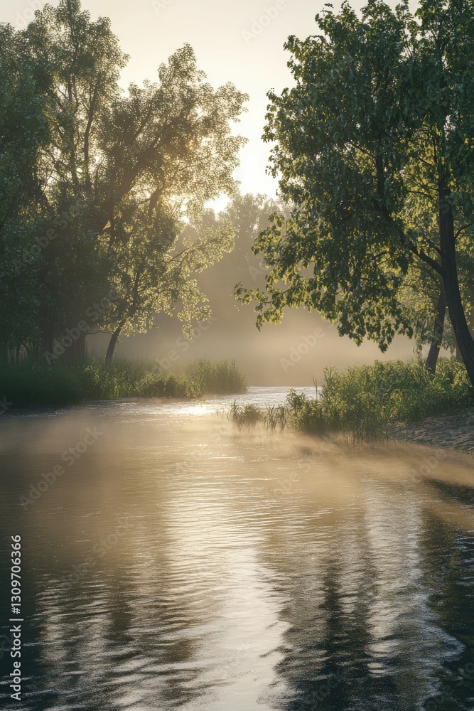 Obraz premium Morning mist rising over quiet river surrounded by lush trees
