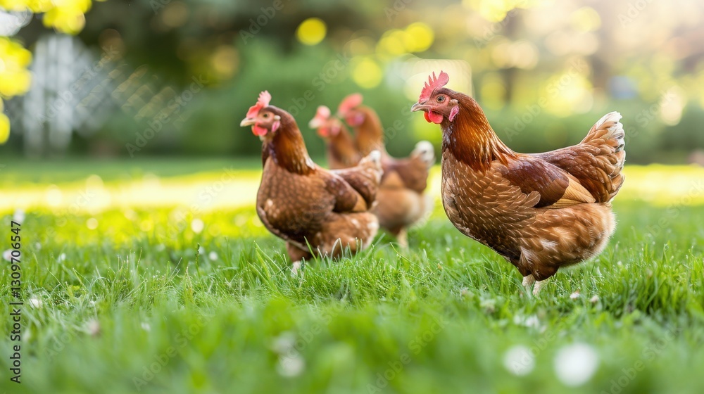 Fototapeta premium Four brown hens grazing on lush green grass in sunlight with blurred natural background, showcasing free-range poultry farming and healthy, sustainable agricultural practices...