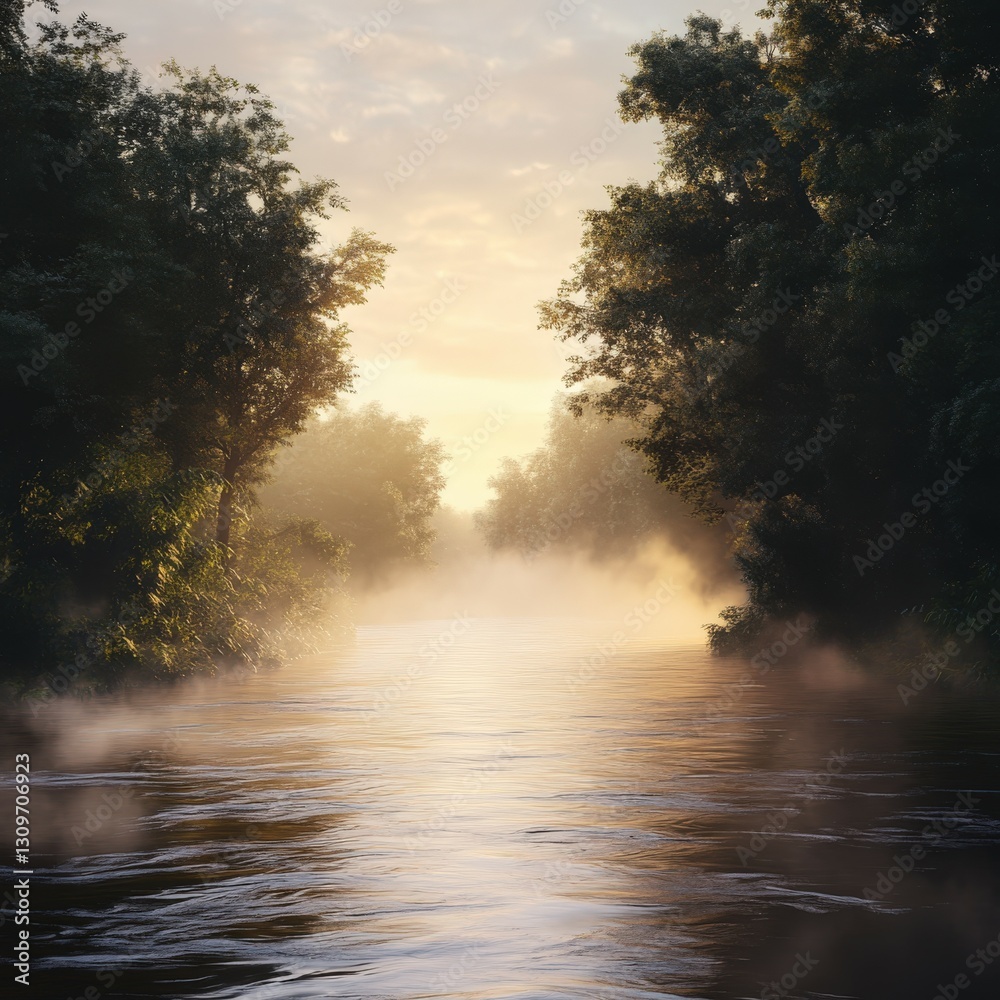 Obraz premium Serene river at dawn surrounded by lush greenery and mist
