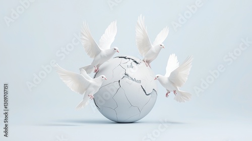 doves flying around a cracked globe, symbolizing peace and fragility. The doves are pure white, contrasting with the cracked surface, a stark reminder of the earth's vulnerability