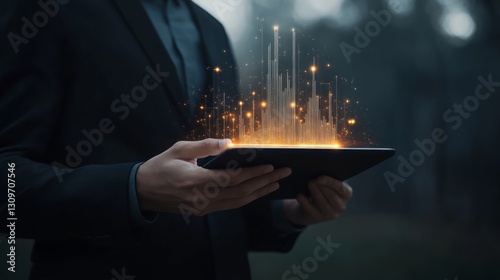 Minimalist depiction of a businessman holding a tablet with simplified, glowing financial charts and clean line graphs, monochromatic cool palette focusing on clarity 