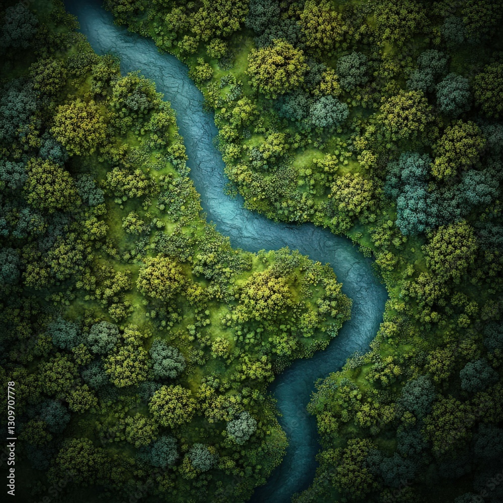 Fototapeta premium Serene river winding through lush green forest landscape
