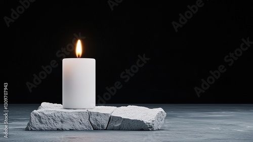a single lit candle sitting on a stone, radiating warmth and light. The flame flickers gently in the dimly lit room