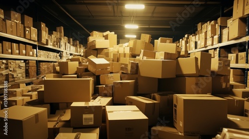  a lot of boxes at the post office, standing on the post office floor ready for processing, a huge pile of boxes showing the massive amount of e commerce returns, cinematic light 