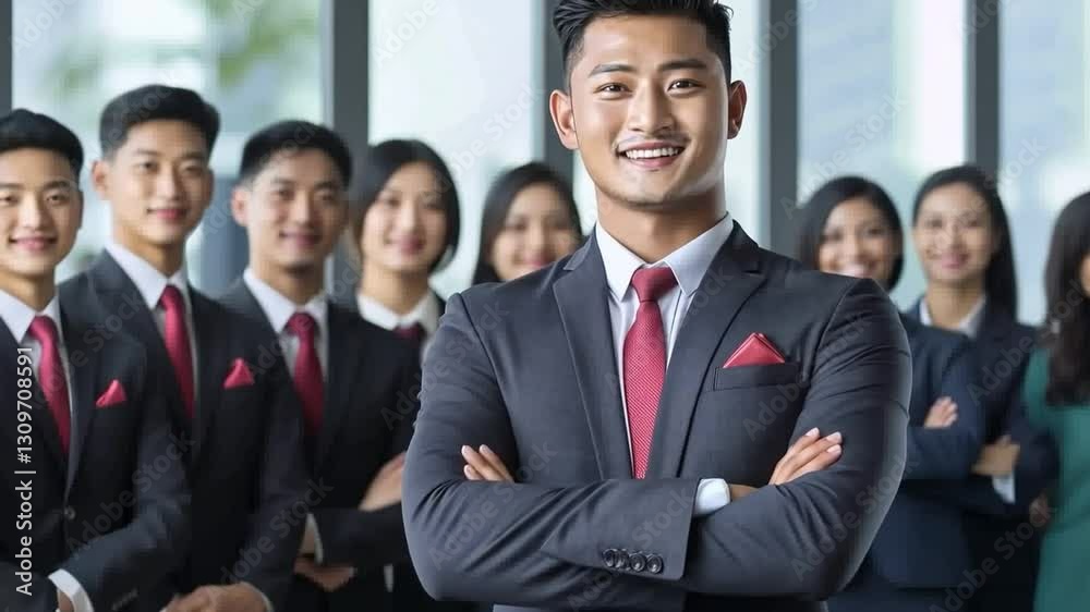Leading with Confidence: A professional Asian business team, smartly dressed in suits and ties, stands united. An Asian business leader confidently looks forward. Leading with Confidence: A professional Asian business team, smartly dressed in suits and ties, stands united. An Asian business leader confidently looks forward.