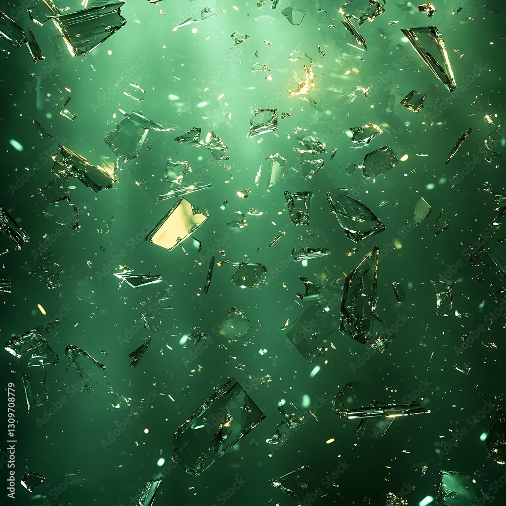 Fototapeta premium Shattered Glass Fragments Falling Emerald Green Background