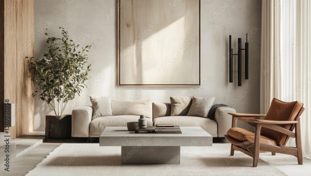Fototapeta premium Modern minimalist living room with beige sofa, wooden chair, and concrete coffee table. Sunlight streams into the room, highlighting the neutral color palette.