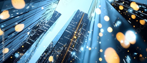 Fototapeta Naklejka Na Ścianę i Meble -  A city skyline with a bright blue sky and a lot of lights