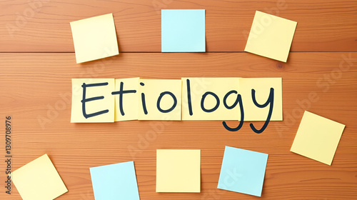 Concept of Etiology write on sticky notes isolated on Wooden Table.