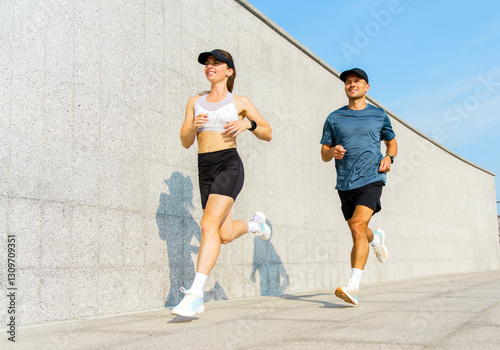Obraz na plátně Two runners jog along a modern urban pathway on a sunny day