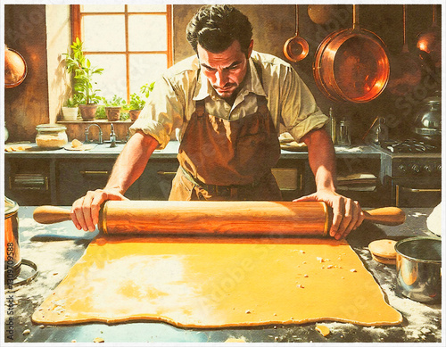 Vintage Kitchen Dough Rolling - Digital Watercolor