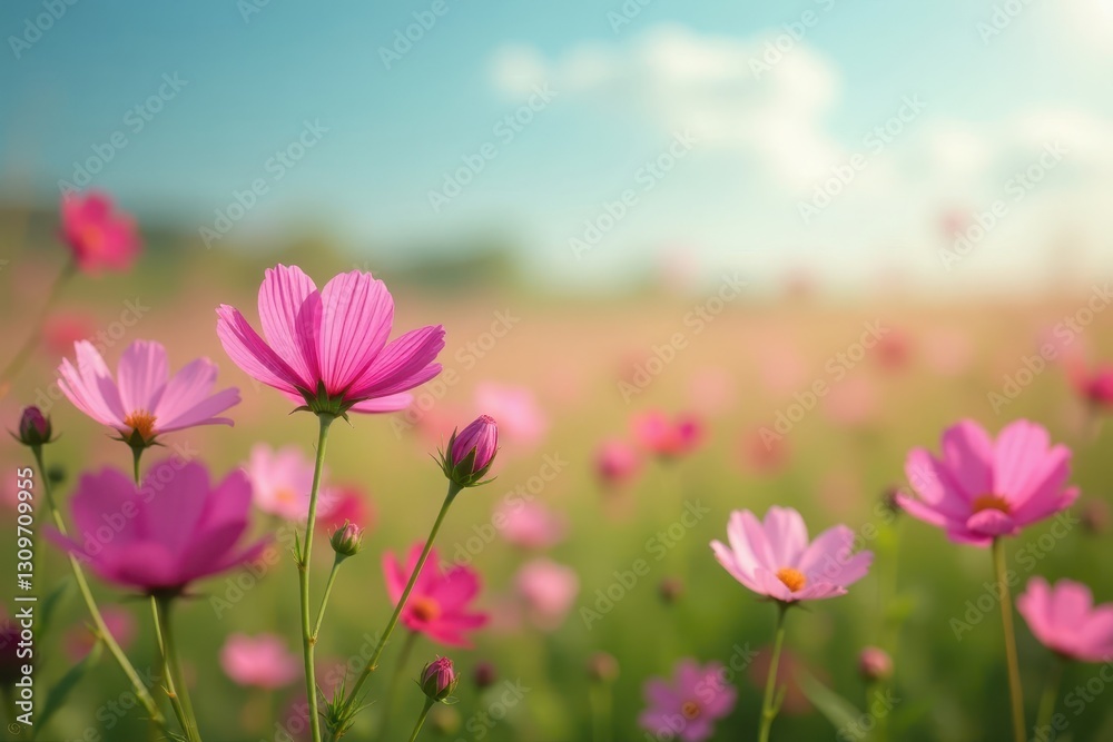 Pink cosmos flowers sway gently in a summer field , background, bloom, blossom Pink cosmos flowers sway gently in a summer field , background, bloom, blossom
