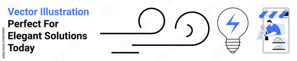 Wind flowing in a linear style, light bulb symbolizing energy, and storefront representing e-commerce and innovation. Ideal for energy, technology, creativity, business solutions, efficiency, online