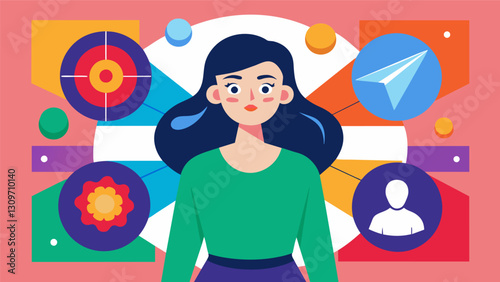 The womans strong sense of selfcontrol is evident as she surveys the colorful displays without succumbing to impulses.. Vector illustration